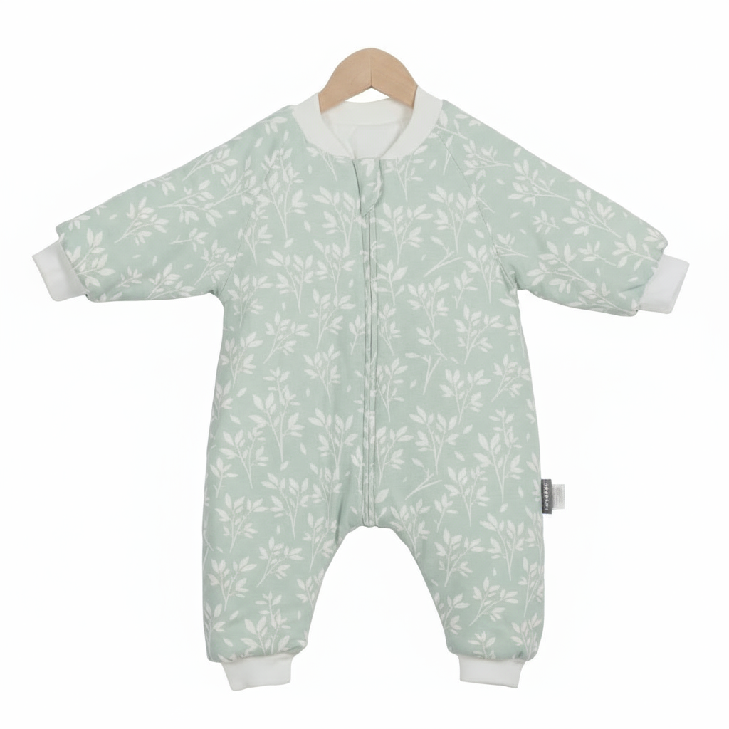 Gigoteuse à jambes Kalinatur vert doux imprimée de petites branches blanches, chaude et confortable, idéale pour le sommeil du bébé en hiver.