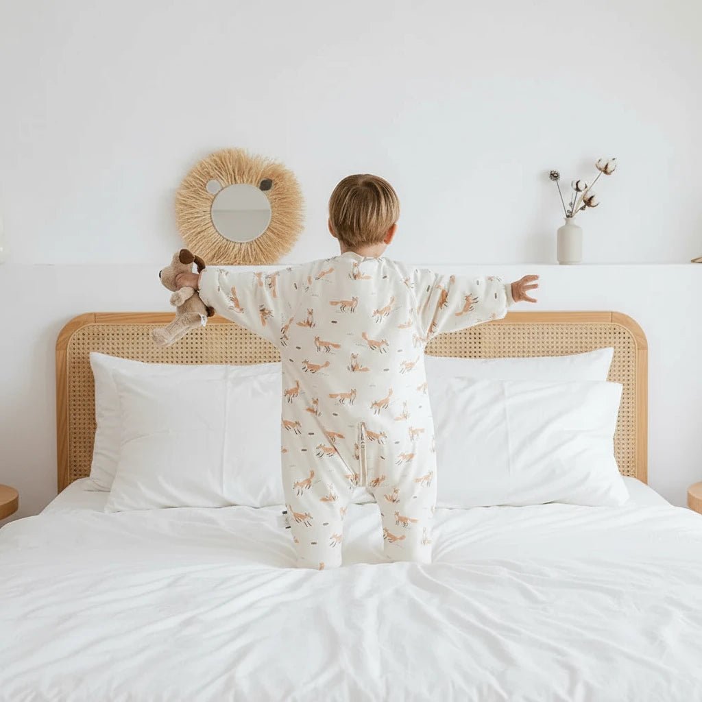 Enfant vu de dos portant une gigoteuse à jambes Kalinatur en coton bio, motif renard sur fond beige, debout sur un lit blanc dans une chambre au style naturel et épuré.
