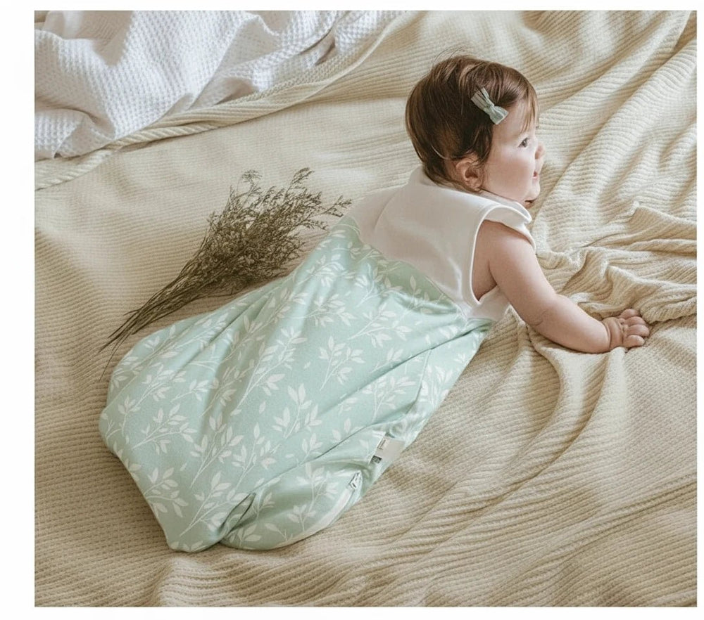  allongé sur le ventre portant une gigoteuse vert d’eau à motifs feuillage blancs, douce et confortable – Kalinatur.
