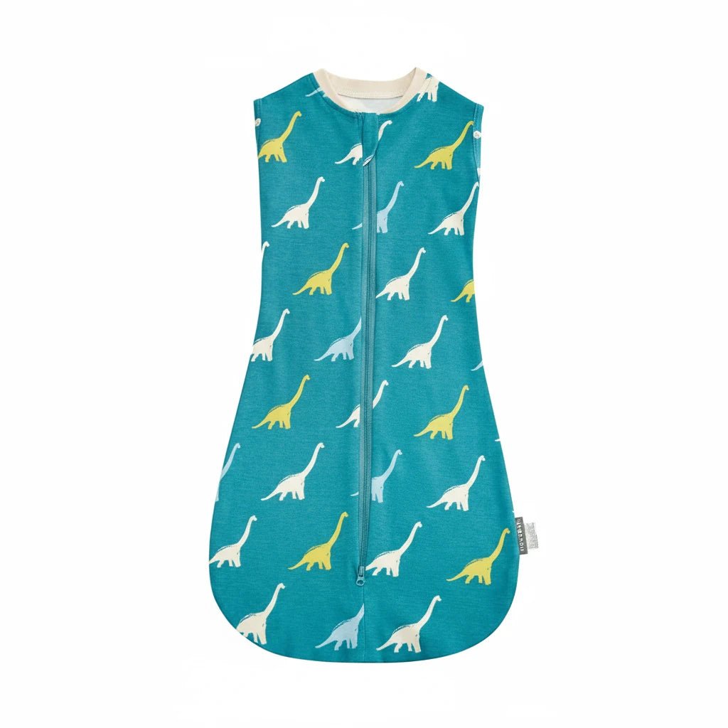 Gigoteuse d’été Kalinatur pour bébé, motif dinosaures jaunes et blancs sur fond bleu turquoise, sans manches, en coton respirant et confortable.
