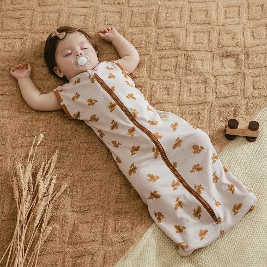 Bébé dormant paisiblement dans une gigoteuse d’été Kalinatur à motif feuilles dorées, sans manches, avec fermeture éclair centrale, sur couverture beige naturelle.
