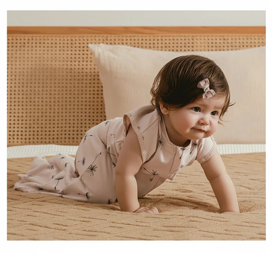 Bébé rampant sur un lit en portant une gigoteuse d’été rose motif pissenlit Kalinatur, en coton doux et respirant.

