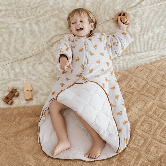 Bébé souriant allongé sur un lit beige, portant la gigoteuse d’hiver Kalinatur à motif feuilles dorées, ouverture zippée visible sur le bas.