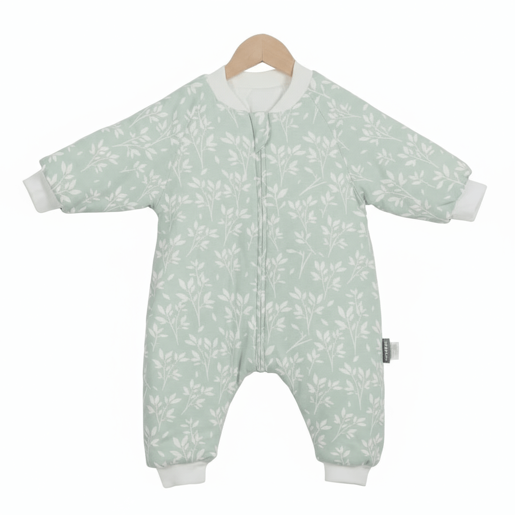 Gigoteuse à jambes Kalinatur vert doux imprimée de petites branches blanches, chaude et confortable, idéale pour le sommeil du bébé en hiver.