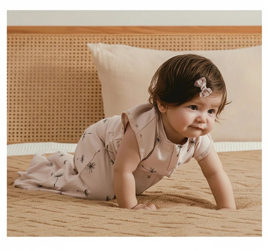 Bébé rampant sur un lit en portant une gigoteuse d’été rose motif pissenlit Kalinatur, en coton doux et respirant.
