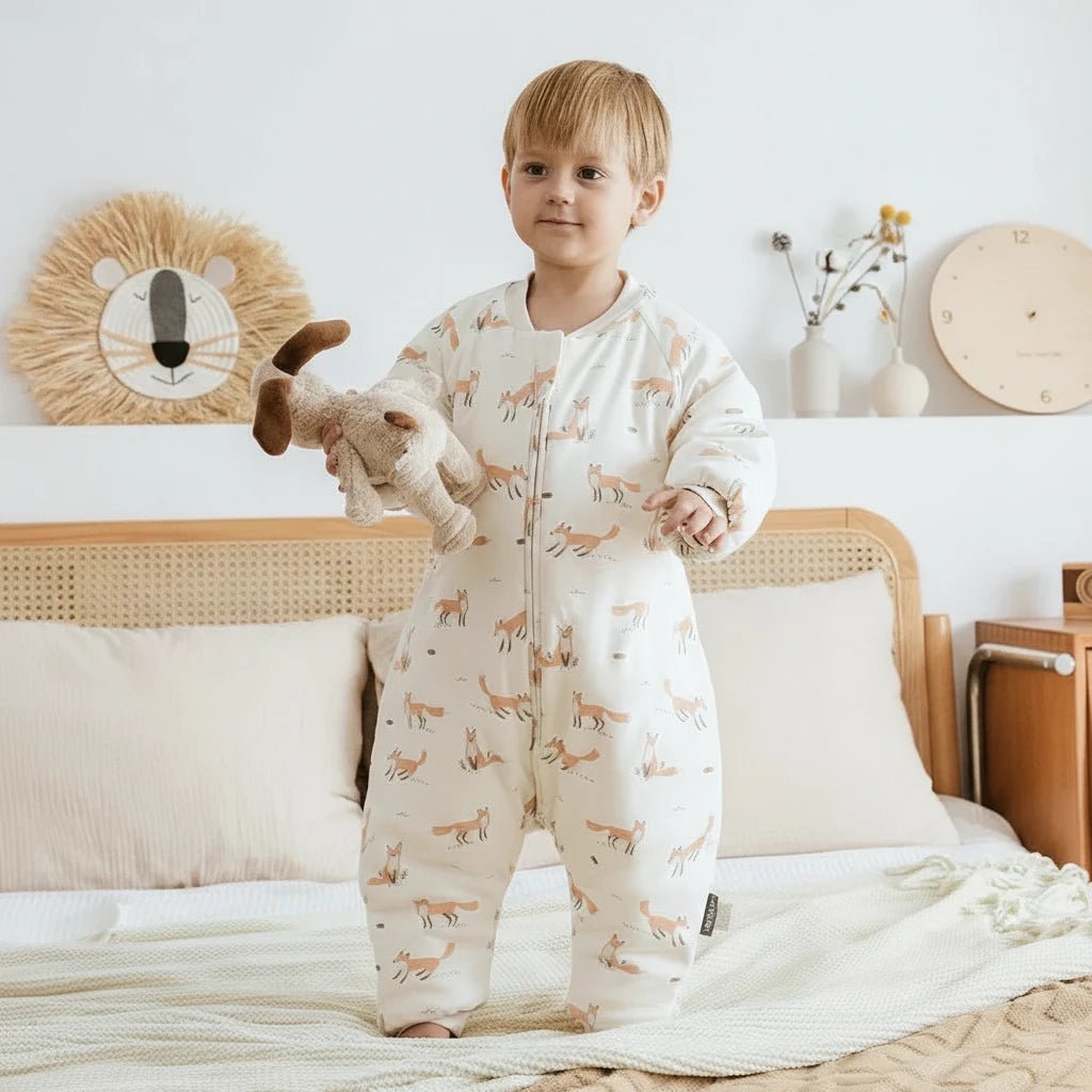 Enfant portant une gigoteuse à jambes Kalinatur en coton bio, motif renard orange sur fond beige, debout sur un lit avec une peluche dans une chambre douce et naturelle.
