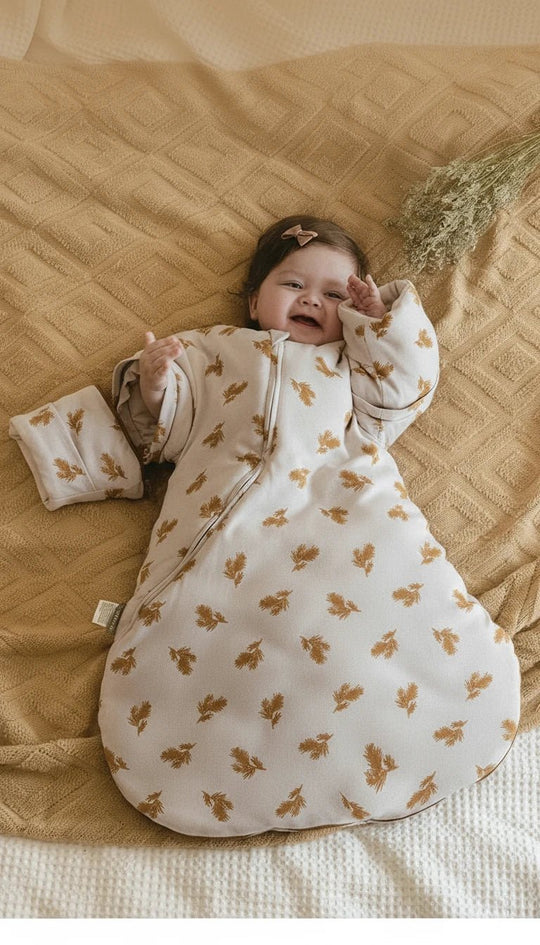 Bébé allongé sur un lit beige portant la gigoteuse d’hiver Kalinatur à motifs feuilles dorées, douce et chaude pour les nuits d’hiver.