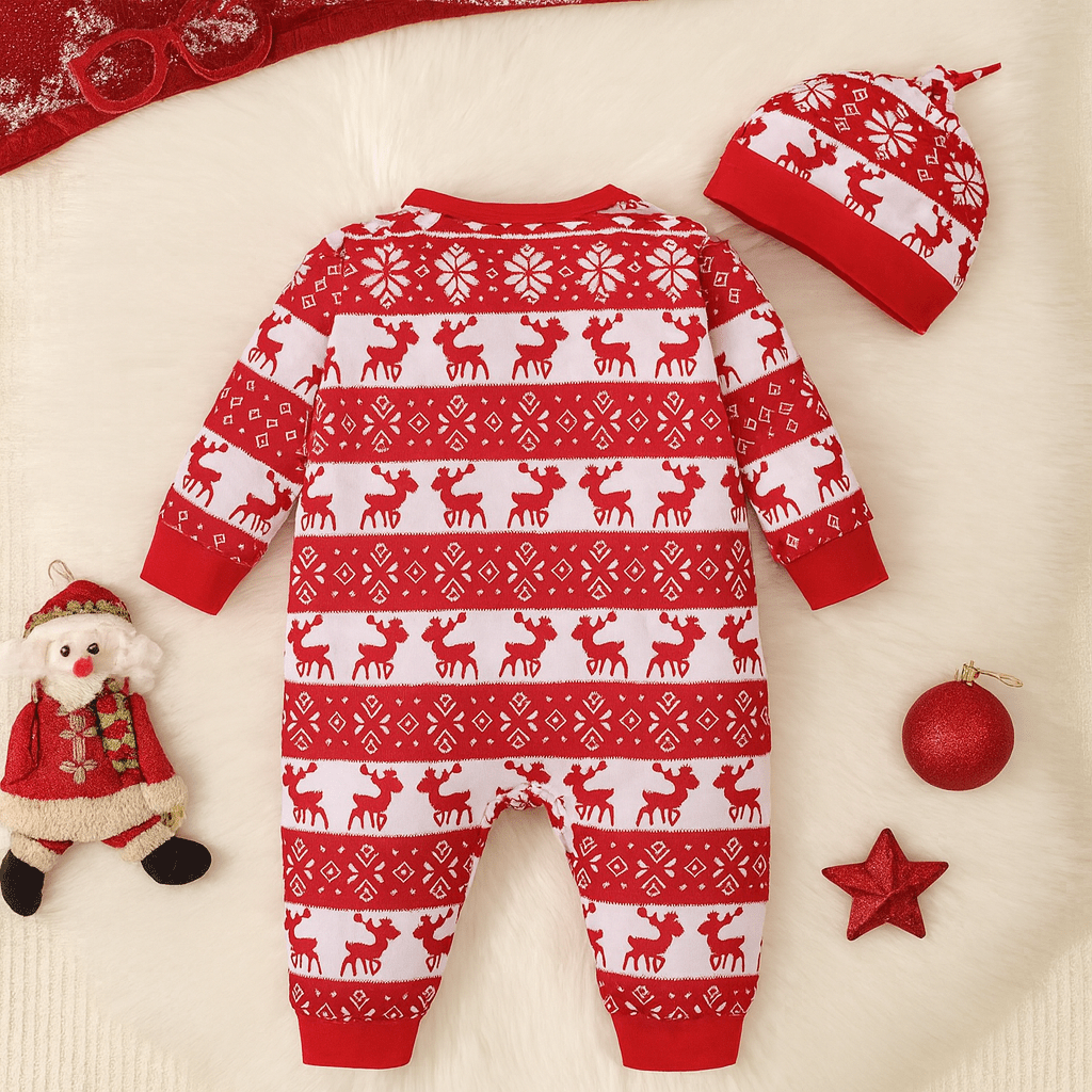 Grenouillere de Noel rouge et blanche pour bebe avec motifs rennes et flocons, bonnet assorti, tenue festive et confortable KaliNatur.