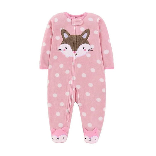 Grenouillere polaire rose pour bebe avec motifs a pois blancs et visage de renard, pieds integres et fermeture zippee, pyjama chaud et doux KaliNatur.
