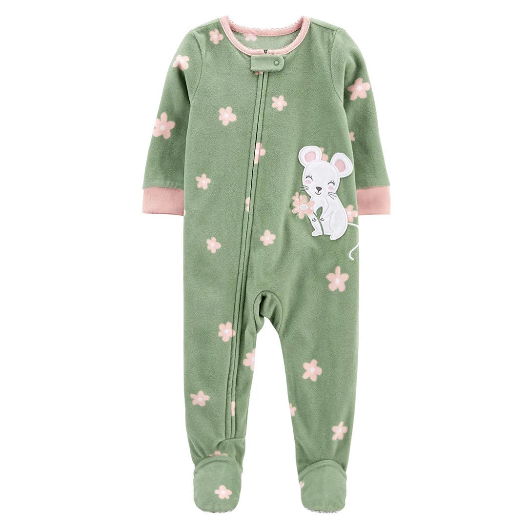 Grenouillere polaire verte pour bebe avec motif souris tenant une fleur, imprimé floral rose clair et fermeture zippee, pyjama doux et chaud KaliNatur.
