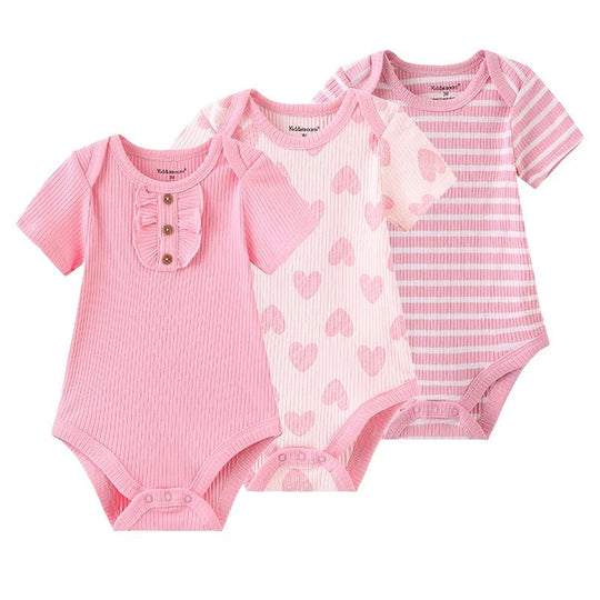 Lot de 3 bodies bébé manches courtes roses, motifs cœurs, rayures et col volanté, coton doux Kalinatur