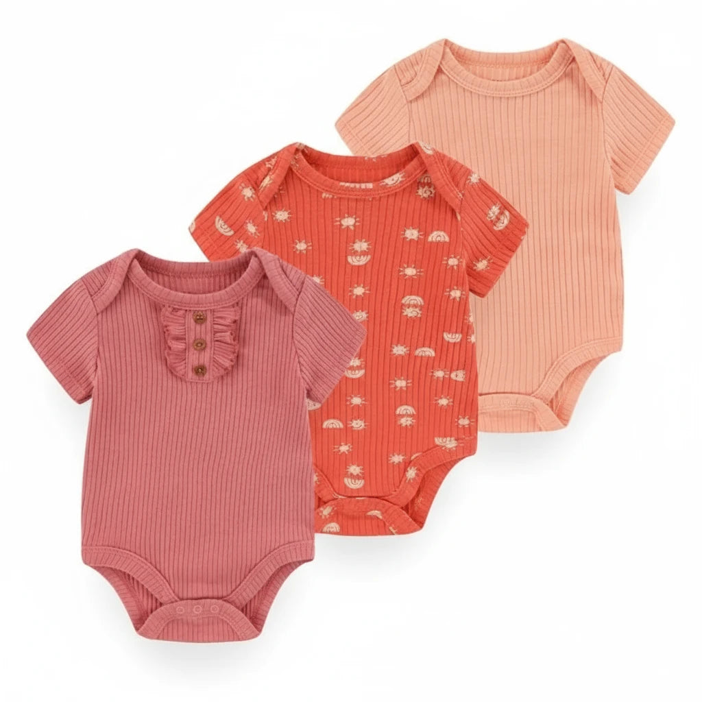 Lot de bodies bébé fille coton, couleurs terracotta, vieux rose et pêche, motif soleil Kalinatur.