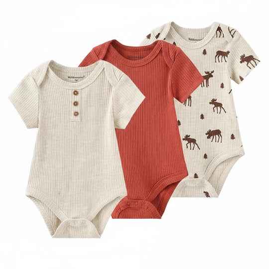 Lot de 3 bodies bébé en coton beige terracotta motif animaux – Kalinatur