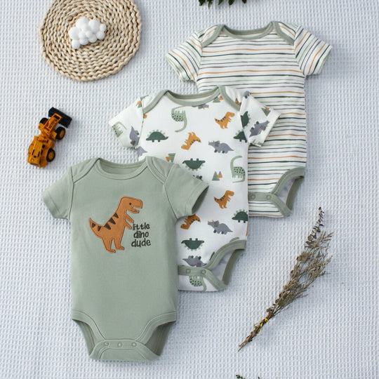 Lot de 3 bodies bébé motif dinosaures verts et rayures, en coton doux – collection KaliNatur