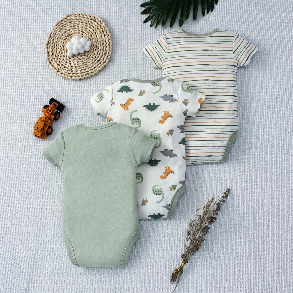 Vue arrière du lot de 3 bodies bébé motif dinosaures verts et rayures – collection KaliNatur