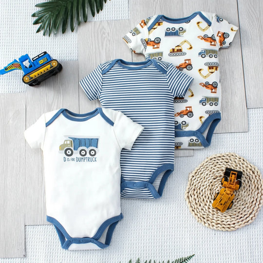 Lot de 3 bodies bébé motif engins de chantier bleu et rayures, en coton doux – collection KaliNatur