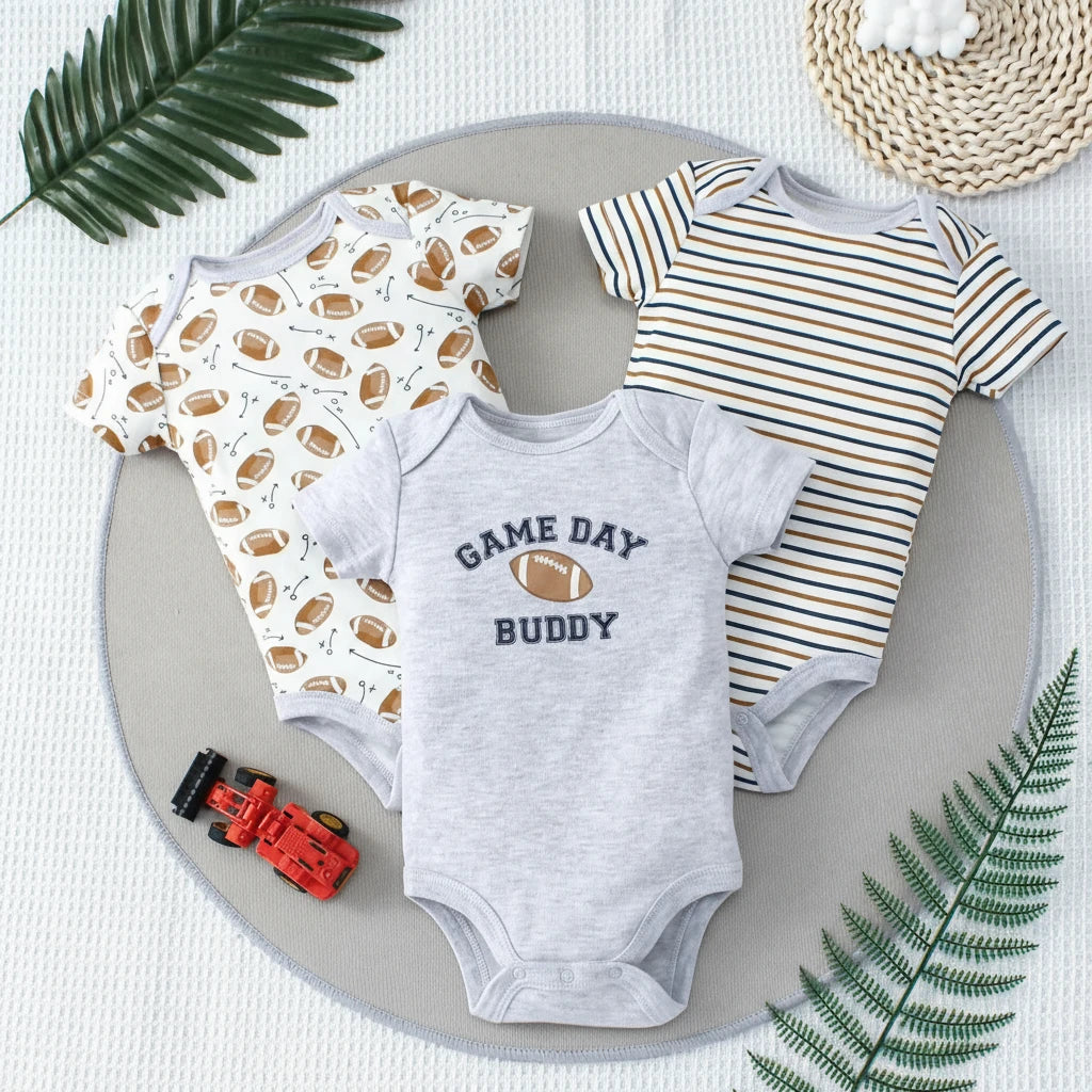 Lot de 3 bodies bébé thème football “Game Day Buddy” avec motifs ballons et rayures – collection KaliNatur