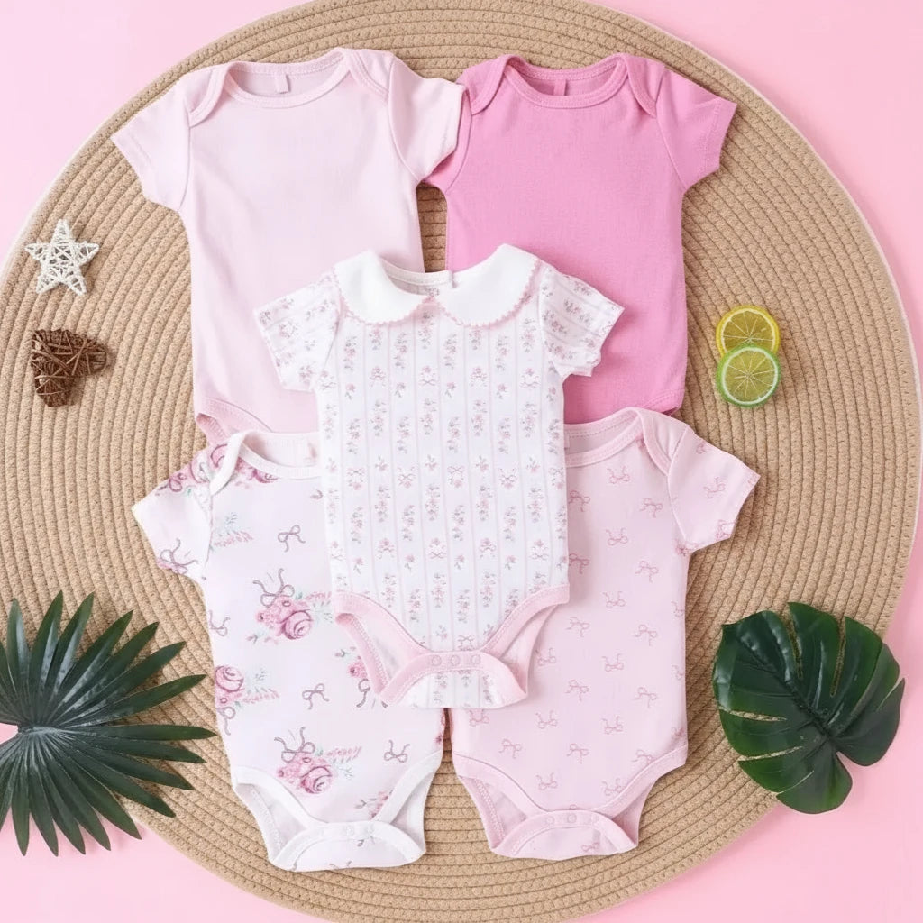 Lot de 5 bodies pour bébé en rose et blanc, avec imprimés floraux et col rond  collection Kalinatur