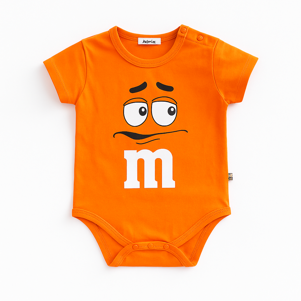 Body bébé orange inspiré du M&M’s orange avec expression surprise, vêtement rigolo et coloré pour enfant.
