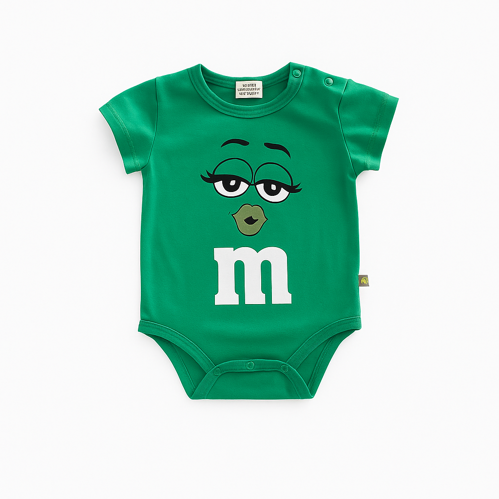 Body bébé vert inspiré du M&M’s vert avec visage féminin et bouche en forme de cœur, tenue amusante pour enfant.