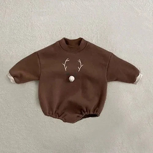 Body bébé marron thème renne de Noël, manches longues, tenue chaude et confortable Kalinatur.