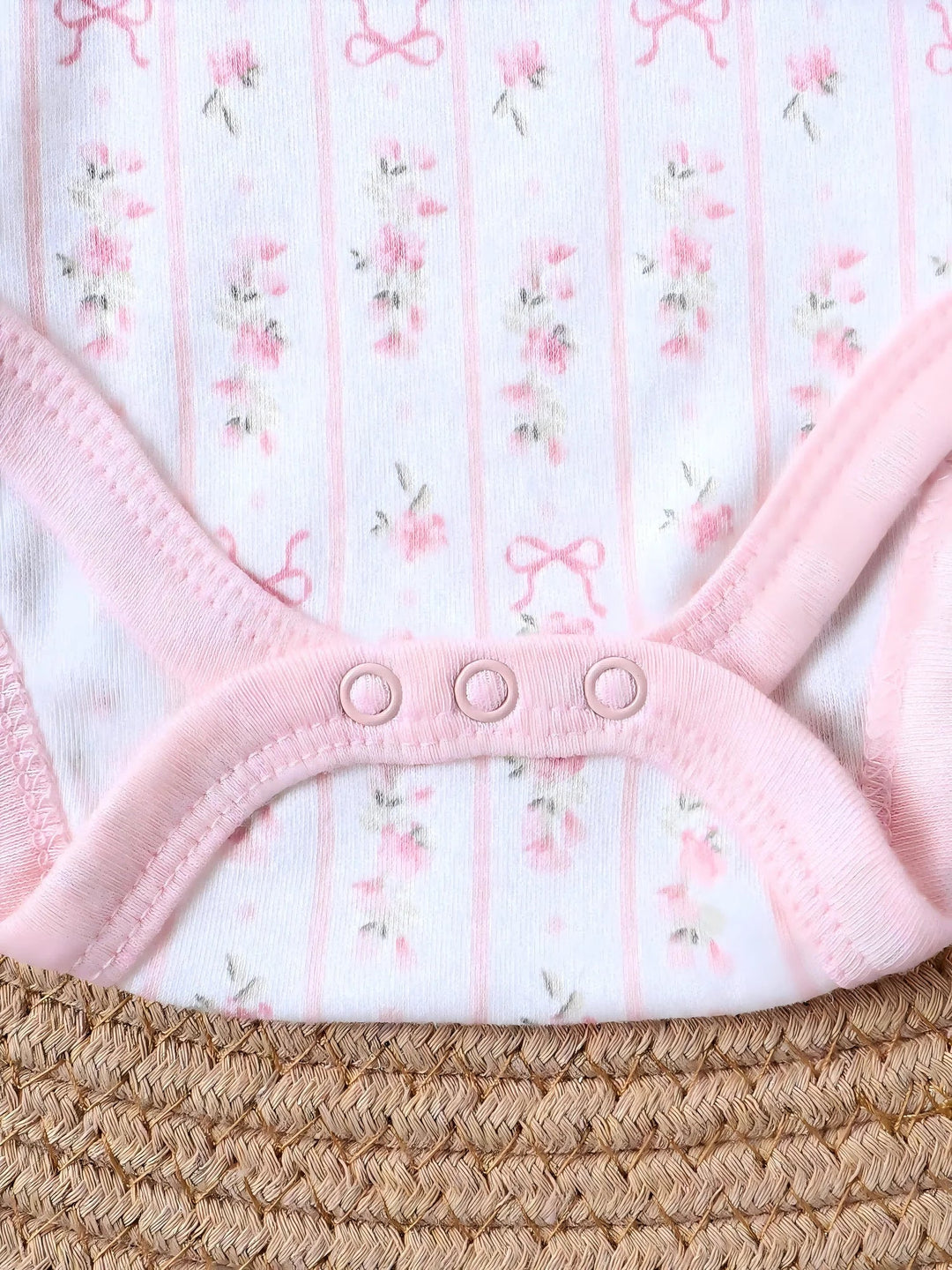 Gros plan sur les boutons-pression et le tissu fleuri rose du body bébé – collection Kalinatur