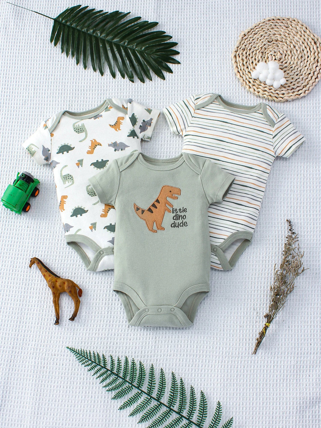 Lot de 3 bodies pour bébé avec motifs dinosaures et rayures, en coton doux – collection Kalinatur