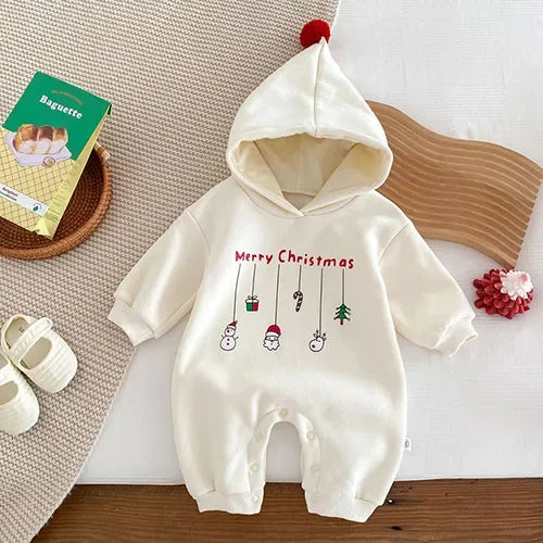 Body de Noël pour bébé en coton blanc avec capuche et motifs “Merry Christmas”, tenue festive confortable Kalinatur.