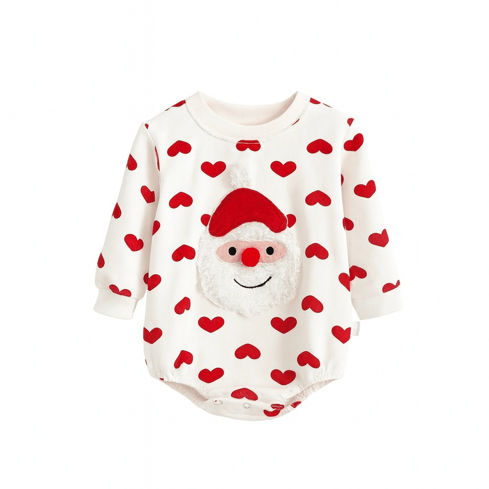 Body bébé blanc Kalinatur à manches longues orné de cœurs rouges et d’un motif Père Noël en relief.
