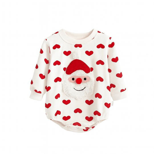 Body bébé blanc Kalinatur à manches longues orné de cœurs rouges et d’un motif Père Noël en relief.
