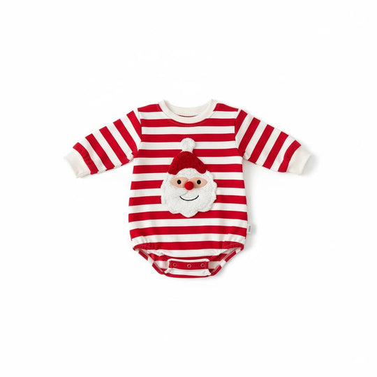 Body bébé à manches longues Kalinatur avec rayures rouges et blanches et motif Père Noël en relief sur le devant.