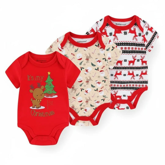 Lot de 3 bodies bébé Noël Kalinatur, motifs rennes, sapins et flocons, manches courtes, coton doux 0-12 mois.