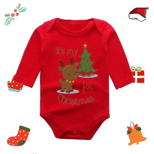 Body bébé rouge Kalinatur à manches longues avec motif renne et sapin, texte “It’s my 1st Christmas”.