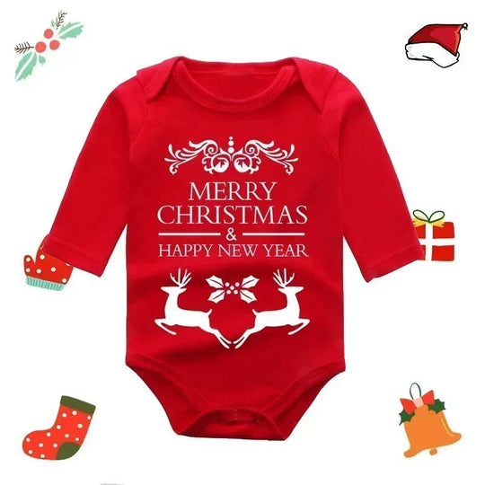 Body bébé rouge Kalinatur à manches longues avec inscription “Merry Christmas & Happy New Year” et deux rennes blancs décoratifs.