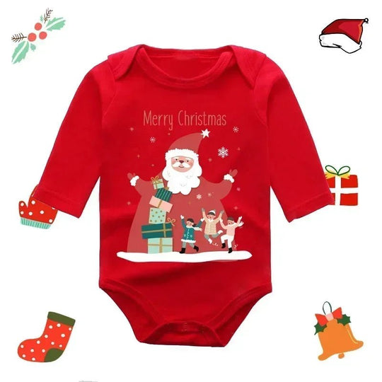 Body bébé rouge Kalinatur à manches longues motif Père Noël avec cadeaux et enfants, inscription “Merry Christmas”.