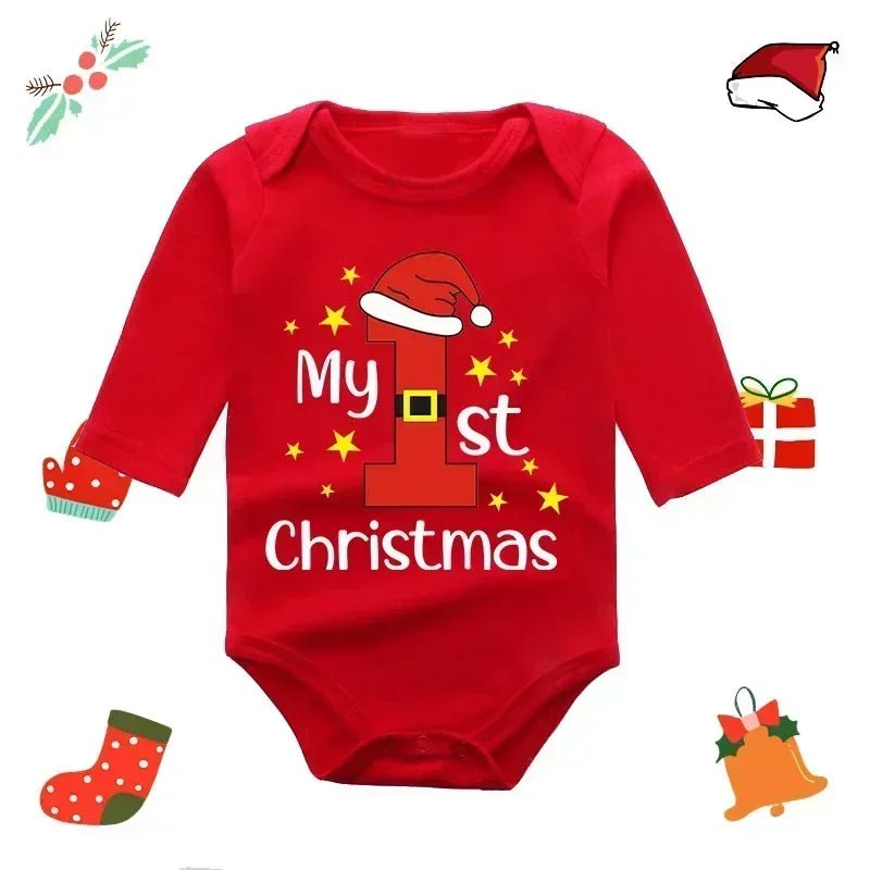 Body bébé rouge Kalinatur à manches longues avec motif “My 1st Christmas”, chiffre 1 décoré d’un bonnet de Noël.