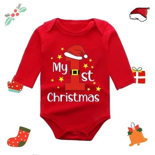 Body bébé rouge Kalinatur à manches longues avec motif “My 1st Christmas”, chiffre 1 décoré d’un bonnet de Noël.