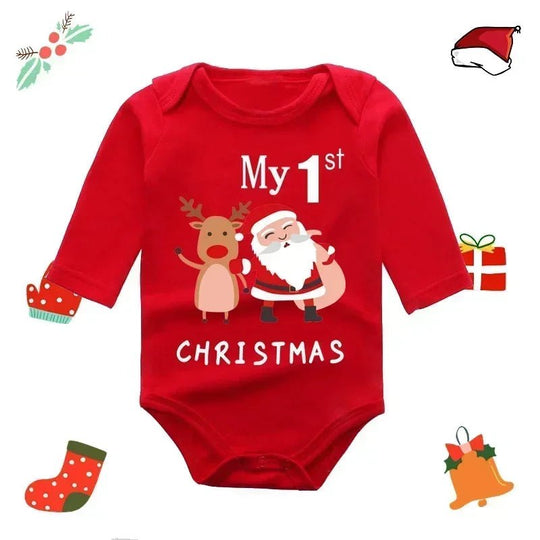 Body bébé rouge Kalinatur à manches longues motif Père Noël et renne avec texte “My 1st Christmas”.