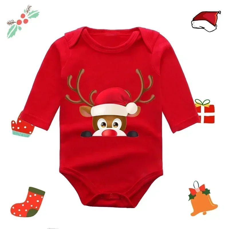 Body bébé rouge Kalinatur à manches longues avec motif renne portant un bonnet de Noël, style cache-cache.