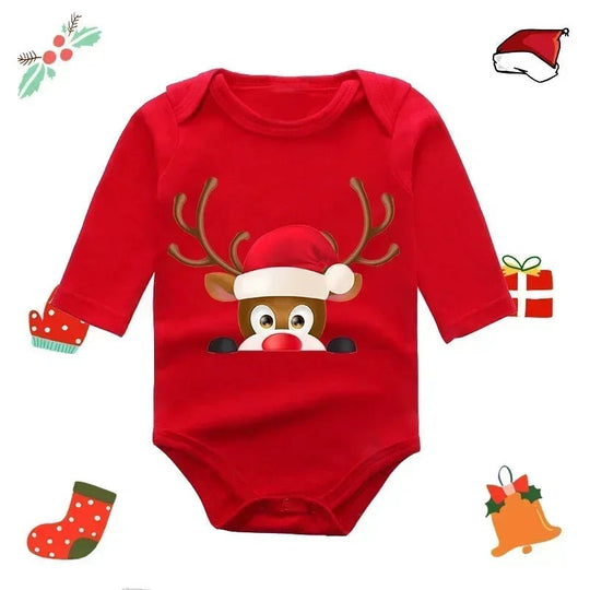 Body bébé rouge Kalinatur à manches longues avec motif renne portant un bonnet de Noël, style cache-cache.
