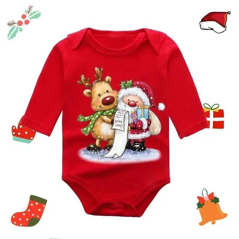 Body bébé rouge Kalinatur à manches longues avec motif renne et Père Noël tenant une liste de cadeaux.