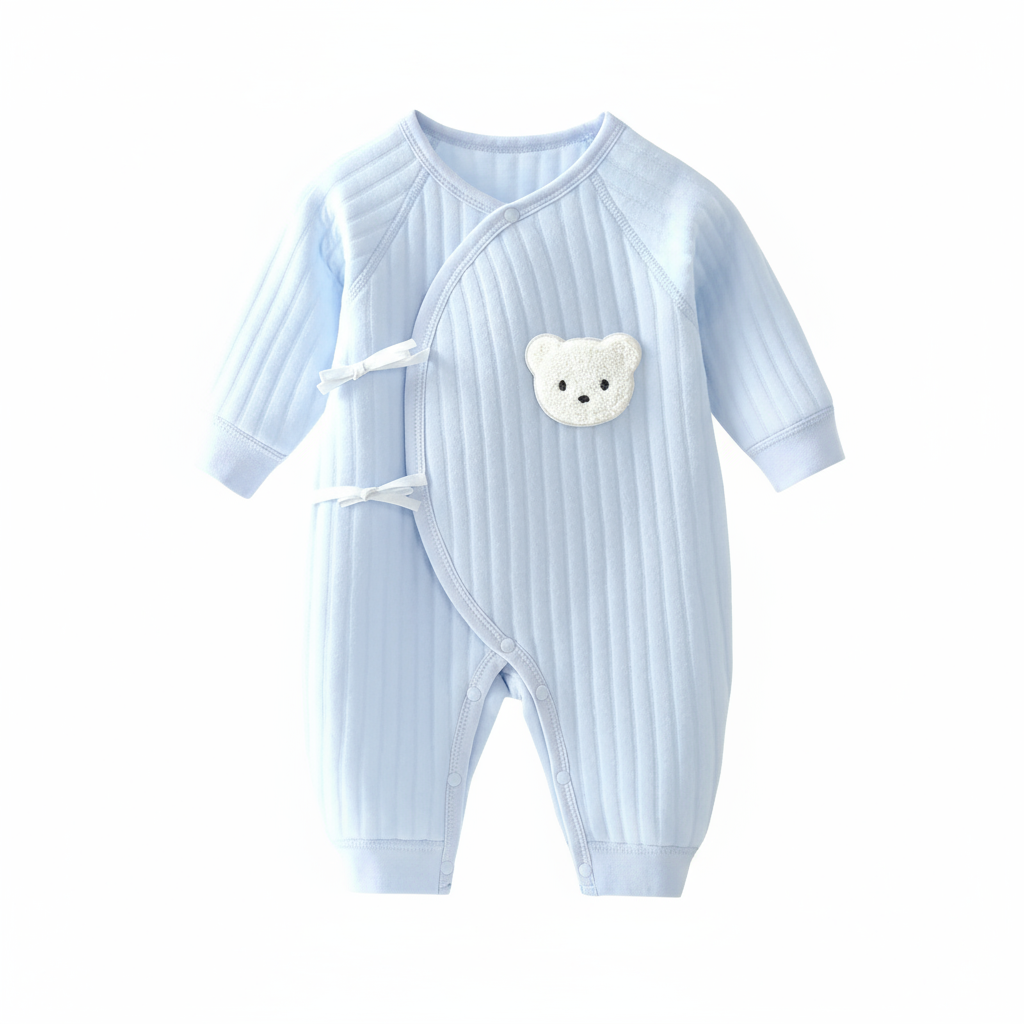 Combinaison bébé côtelée bleu pastel avec fermeture croisée et patch ourson blanc.