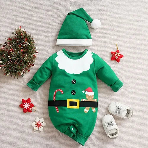Combinaison bébé Kalinatur verte thème lutin de Noël avec chapeau assorti, ceinture imprimée et détails festifs en coton doux.