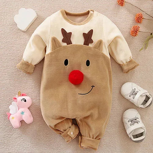 Combinaison bébé thème renne avec nez rouge, tenue chaude et festive pour Noël Kalinatur.