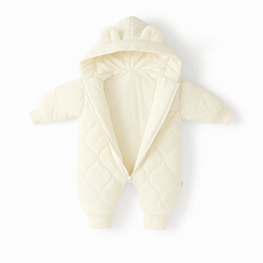 Combinaison bébé crème ouverte montrant l’intérieur doux et rembourré.