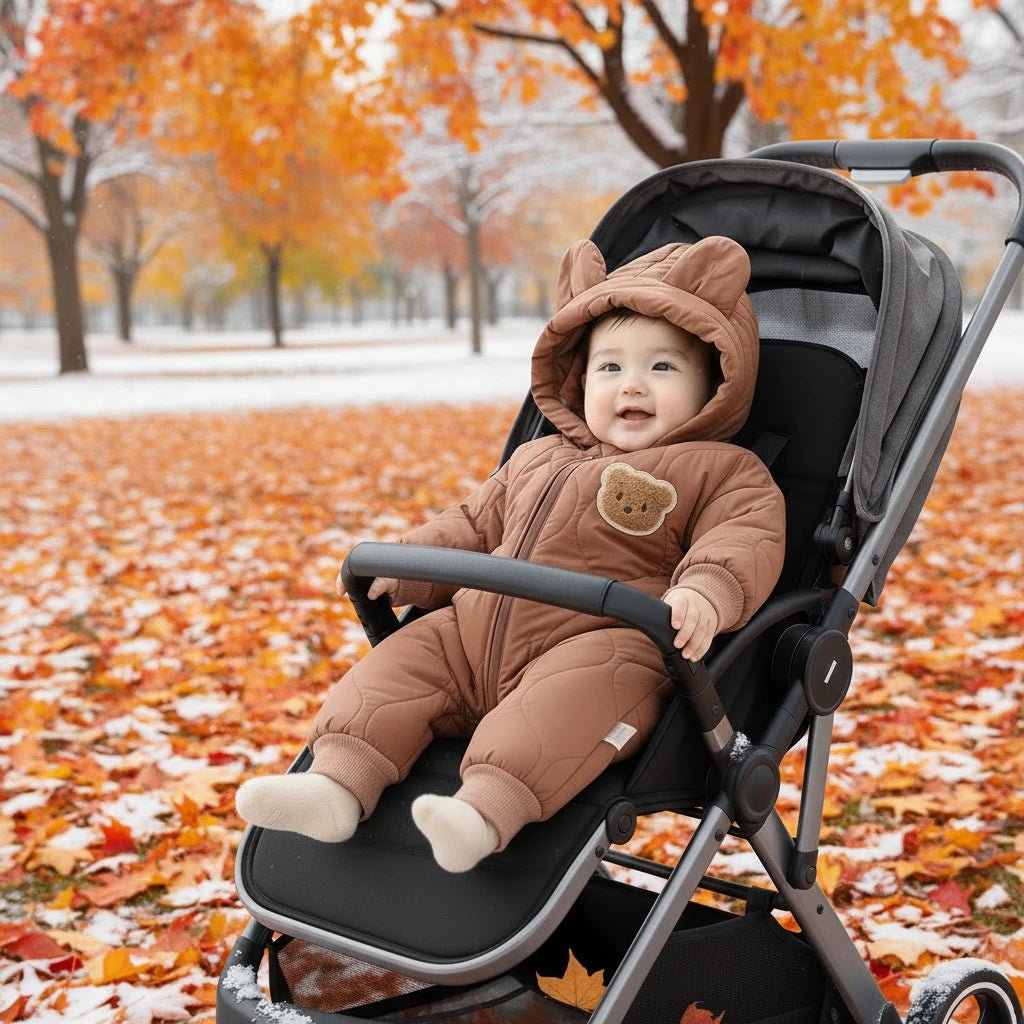 Bébé en combinaison d’hiver marron assis dans une poussette au milieu des feuilles d’automne.