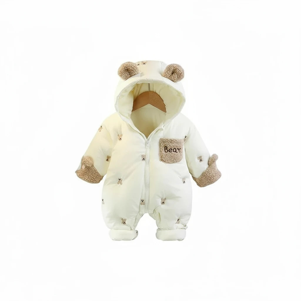 Combinaison d hiver pour bebe blanche Kalinatur avec capuche oreilles d ours et motifs bear