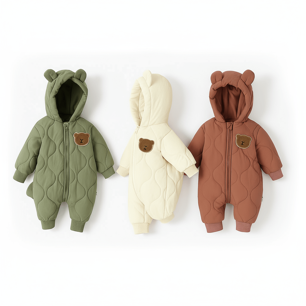Vue arrière et latérale de trois combinaisons d’hiver bébé à capuche ourson, couleurs vert, crème et marron.