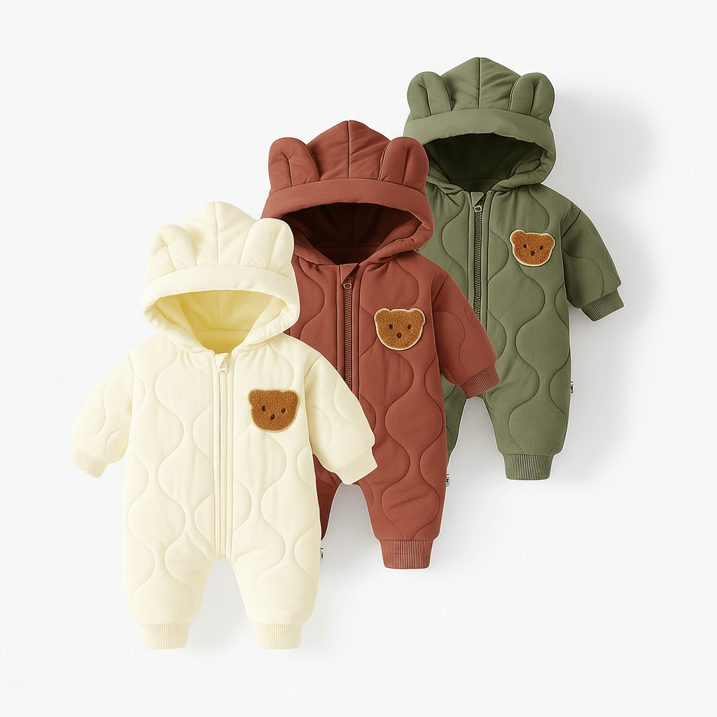 Trois combinaisons d’hiver pour bébé avec capuche à oreilles et patch ourson, en vert sauge, crème et marron.