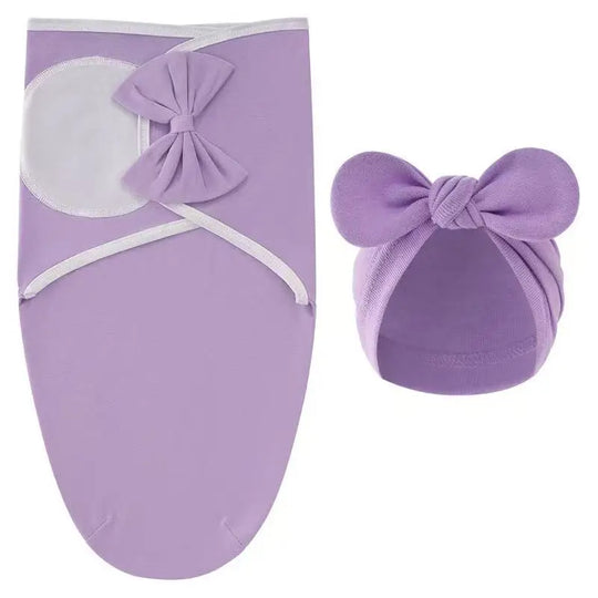 Couverture d’emmaillotage lilas 100 % coton avec bonnet assorti, spécial nouveau-né.
